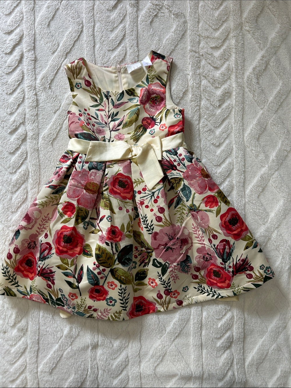 Floral Ivory and Pink Girls' Party Dress with Bow